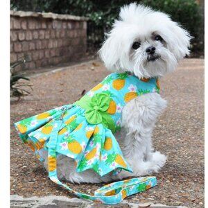XS Pineapple Luau Hawaiian Dog Harness Dress with Matching Leash - Doggie Design